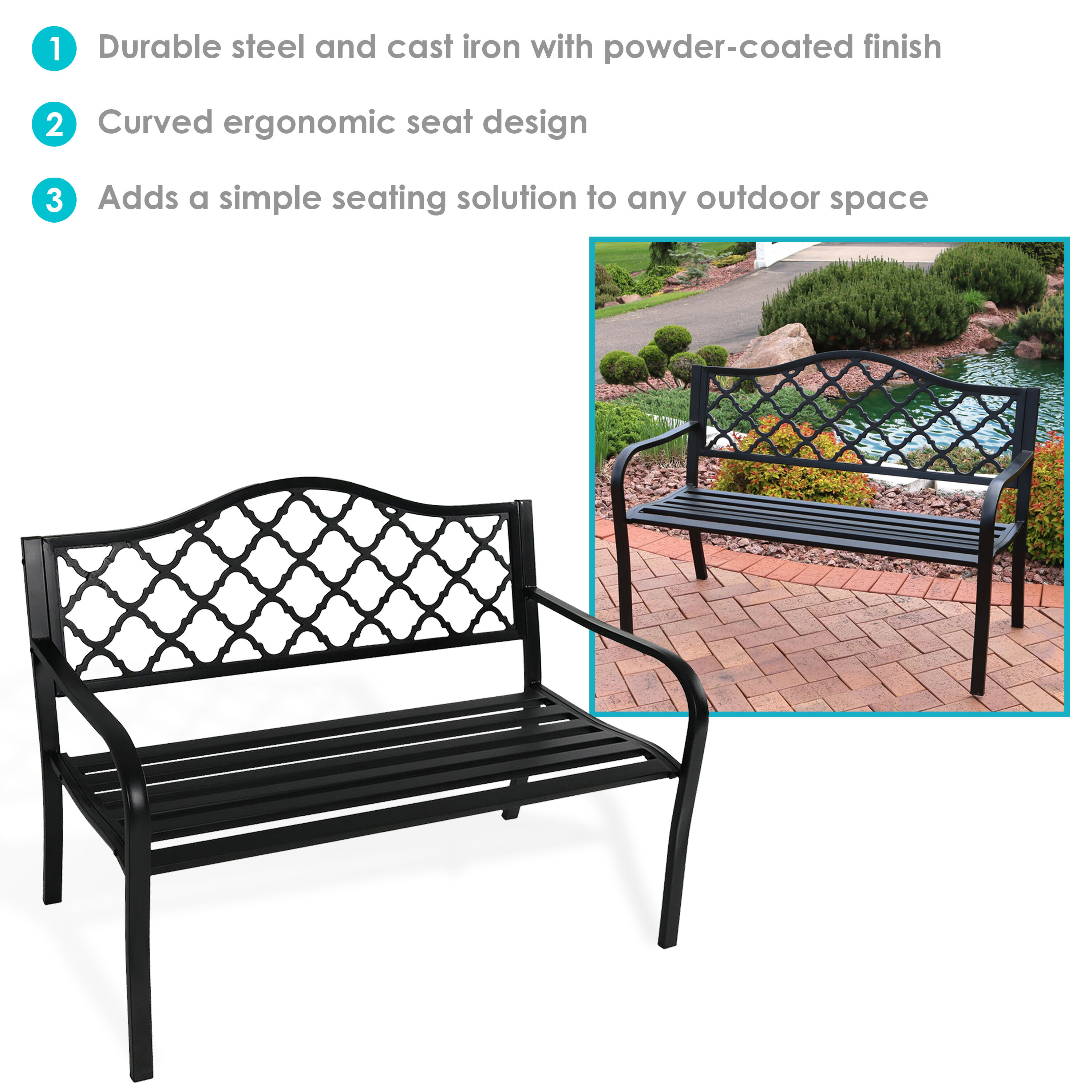 Sunnydaze 2-Person Lattice Cast Iron Outdoor Garden Bench - Black - Thumbnail 4