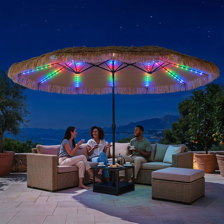 15 x 9 FT Solar Double Sided Umbrella with 144 Color Changing Lights and Durable Base Included