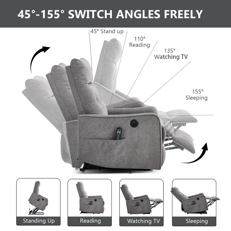 Chenille Power Lift Recliner Chair 155&deg; Recliner with Massage Heat & USB image number 8
