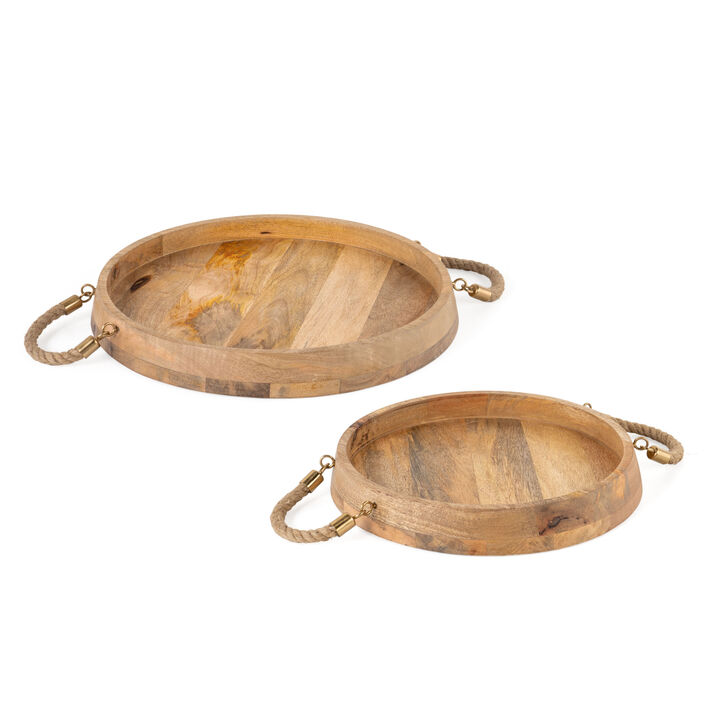 HomeRoots Set of Two Brown Round Solid Wood Serving Trays With Handles