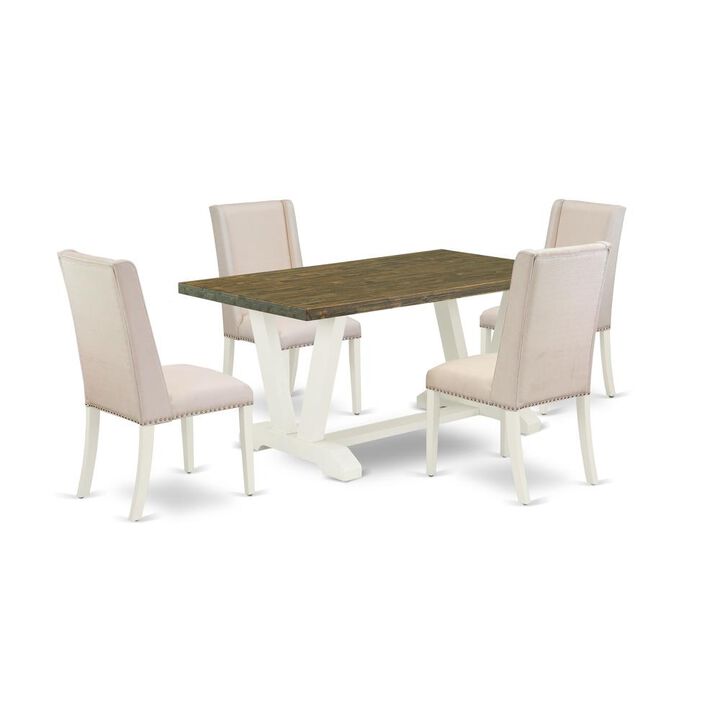 East West Furniture 5-Piece Stylish Dining Room Table Set an Excellent Distressed Jacobean Color Rectangular Dining Table Top and 4 Beautiful Linen Fabric Cream Color Kitchen Chairs with Nail Heads an