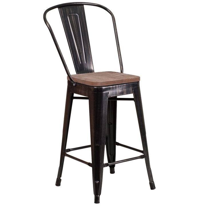 Flash Furniture Lily 24" High Black-Antique Gold Metal Counter Height Stool with Back and Wood Seat