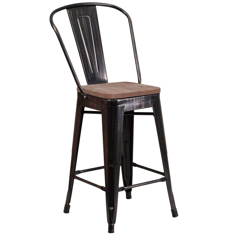 Flash Furniture Lily 24" High Black-Antique Gold Metal Counter Height Stool with Back and Wood Seat image number 0