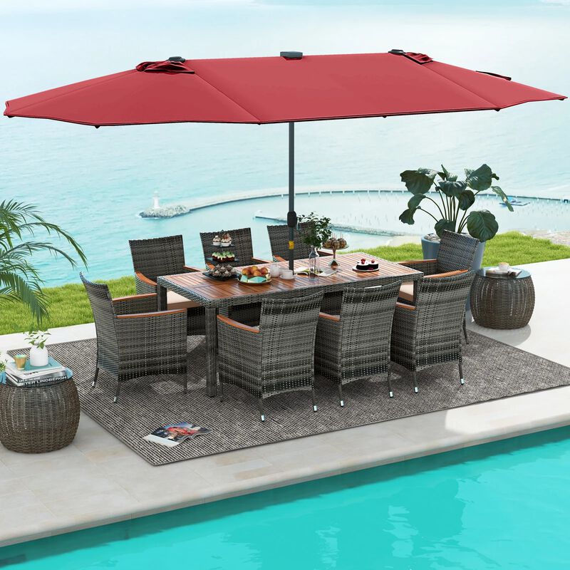 Mondawe 9-Piece Patio Dining Set,71" Acacia Table With 15ft Solar LED Umbrella & PE Rattan Chairs