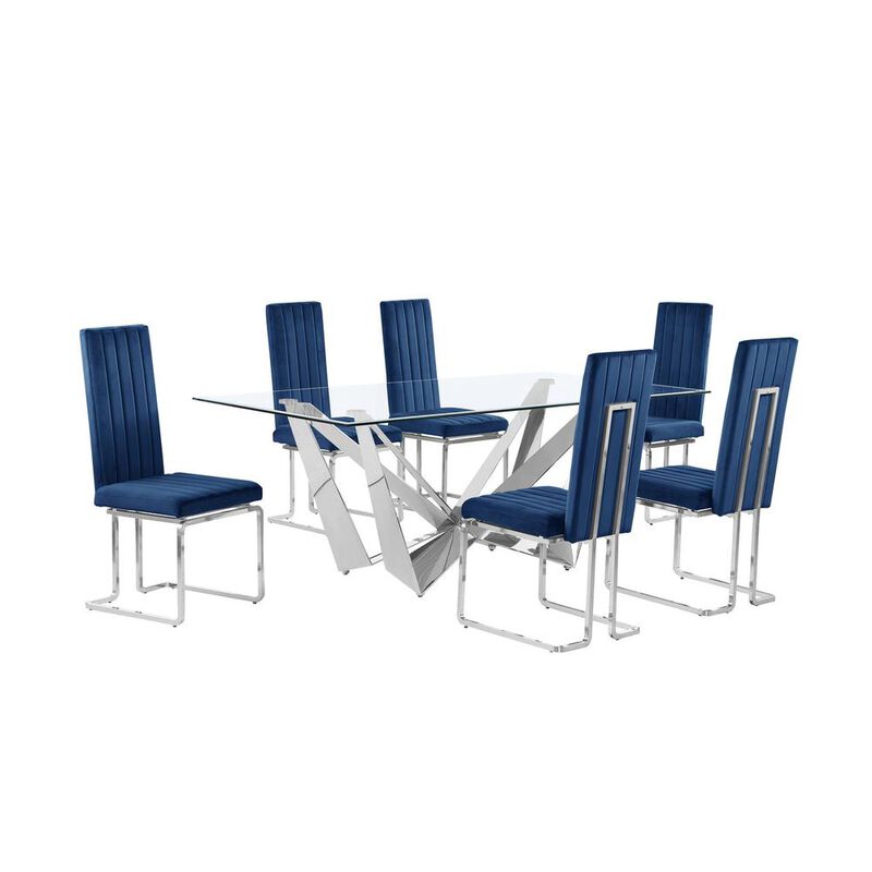 7pc Small(78") glass dining set with silver base and 6 Navy blue side chairs