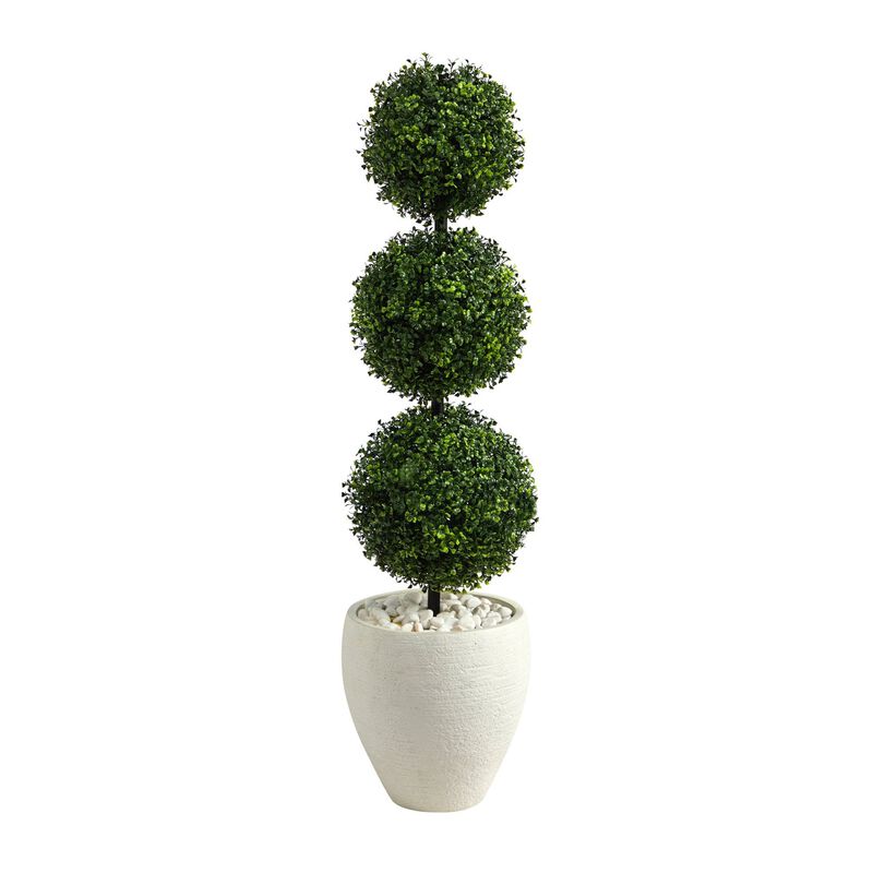 Nearly Natural 3.5-in Boxwood Triple Ball Topiary Tree in White Planter