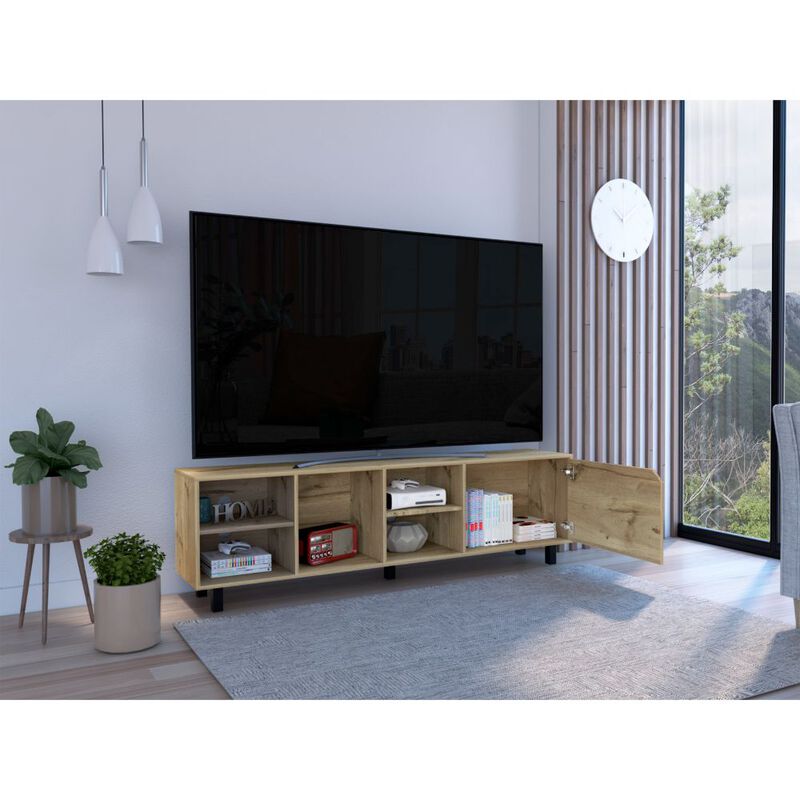 DEPOT E-SHOP Conquest Tv Stand for TV&acute;s up 70", Four Open Shelves, Five Legs, Light Oak