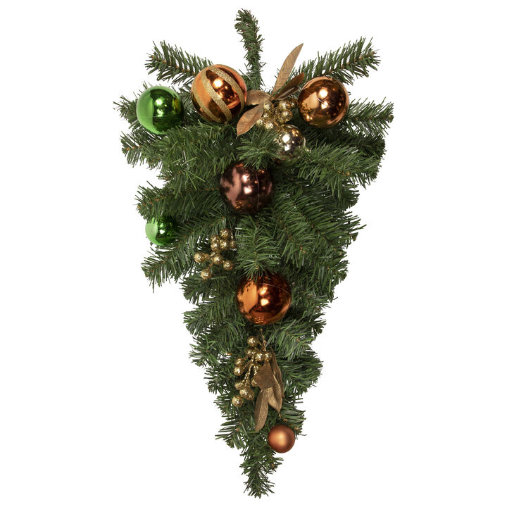 30" Green Foliage and Ornaments Artificial Christmas Teardrop Swag  Unlit
