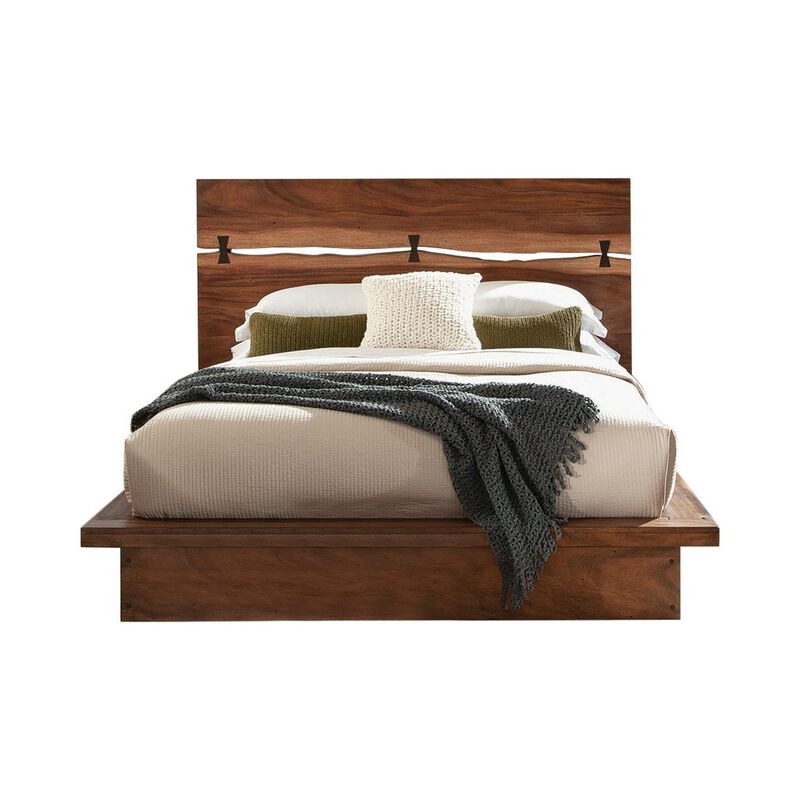 Zeko King Size Platform Plinth Bed with Natural Edge, Walnut Brown Wood - Benzara