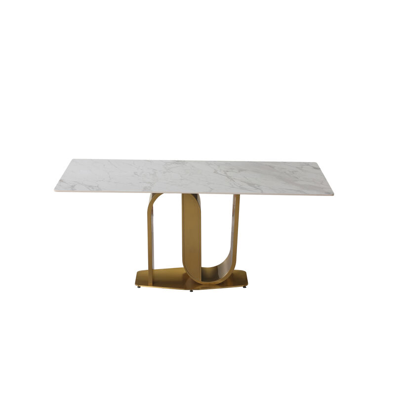 71" Contemporary Dining Table Sintered Stone U Shaped Pedestal Base in Gold finish with 6 pcs Chairs