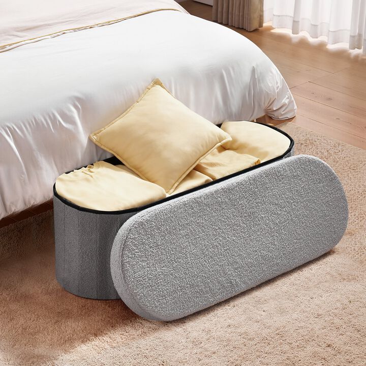 Teddy Fleece Storage Ottoman Bench with Folding Design for Bedroom Entryway