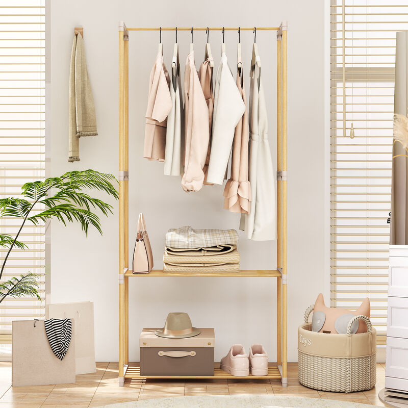 2-Tier Pine Wood Clothes Rack with Open Storage Shelf for Organizing-Grey image number 1