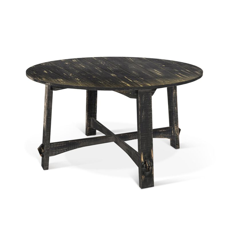 Rena Dining Table, 54 Inch Round Planked Black Smoke Mahogany Wood - Benzara
