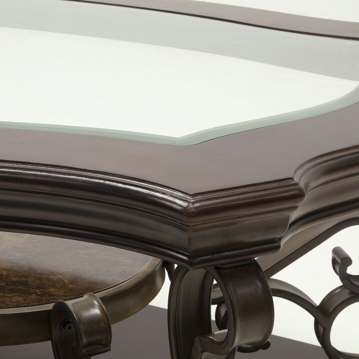 Cocktail Table with Glass Top and Scroll Accent, Brown