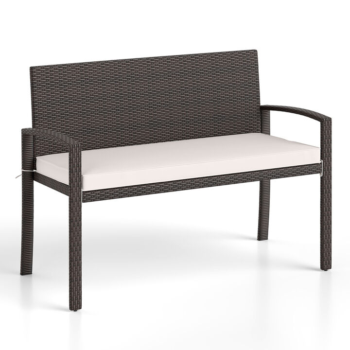Wicker 2-Seat Bench with Soft Seat Cushion and Metal Frame