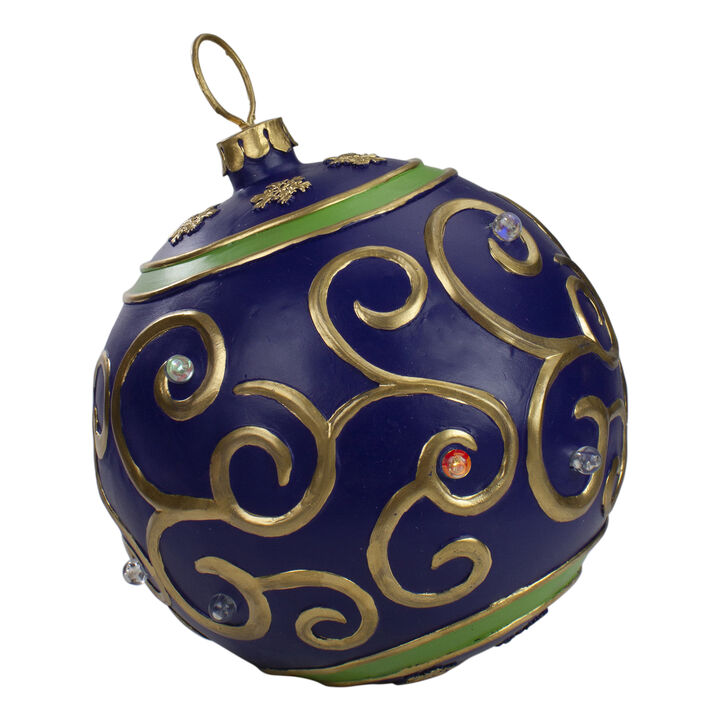 12-Inch Blue and Gold Large Christmas Ball Ornament Tabletop LED Decoration