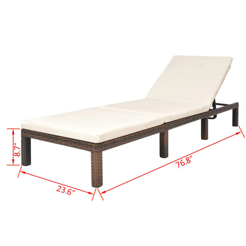 Outdoor Sun Lounger with White Cushion, Adjustable Back, Brown Wood - Benzara