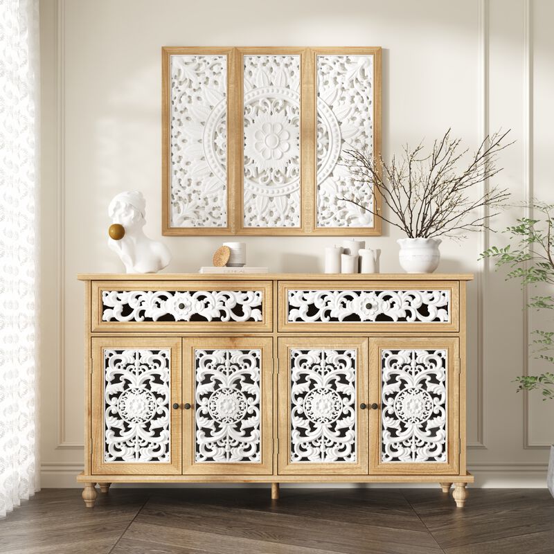 FUFU&GAGA Vintage Style Storage Cabinet with White Hollowed-Out Carved Drawers and Doors, Matching Wall Panel Frame, Painted and Clear Finish with Antique Hardware, (59.1 in. W x 15.7 in. D x 35.4 in. H), Wood and White