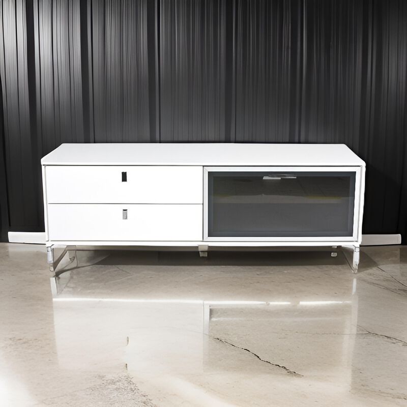 Ida 60 Inch TV Entertainment Console, Drawer, Pull Down Door, White Lacquer - Benzara
