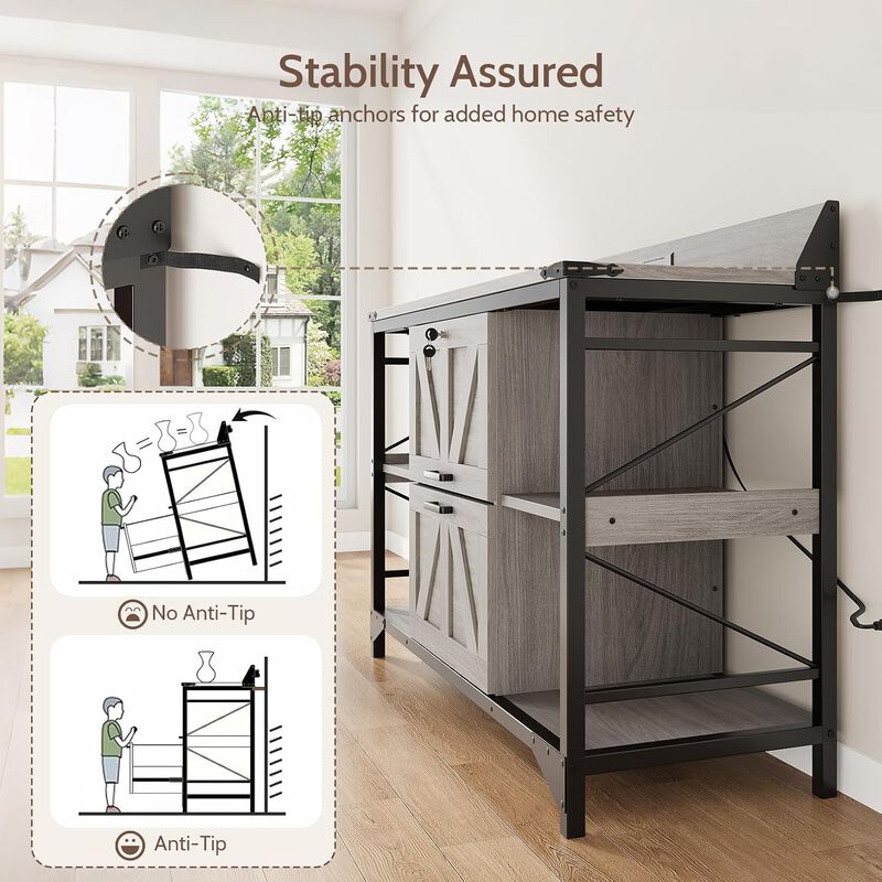 44"W File Cabinet, Lateral Filing Cabinet with 4 Shelves and 2 Drawers, Office Storage Cabinet with Lock & Charging Station, Wooden Printer Stand image number 8