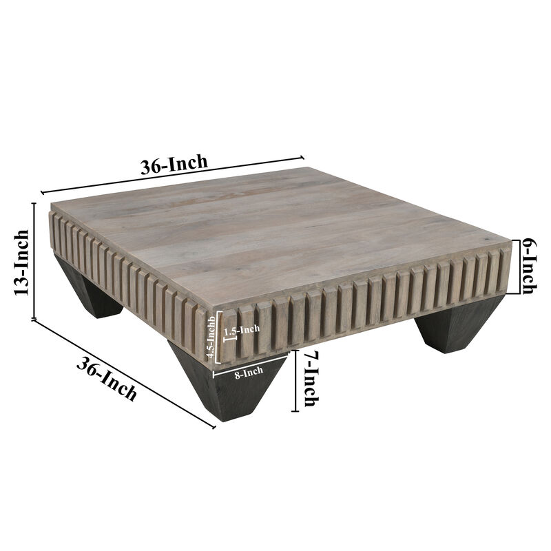 Tokyo Inspired 36 Inch Square Mango Wood Coffee Table - Handcrafted with Elegant Sandblasted Gray Finish and Tapered Legs
