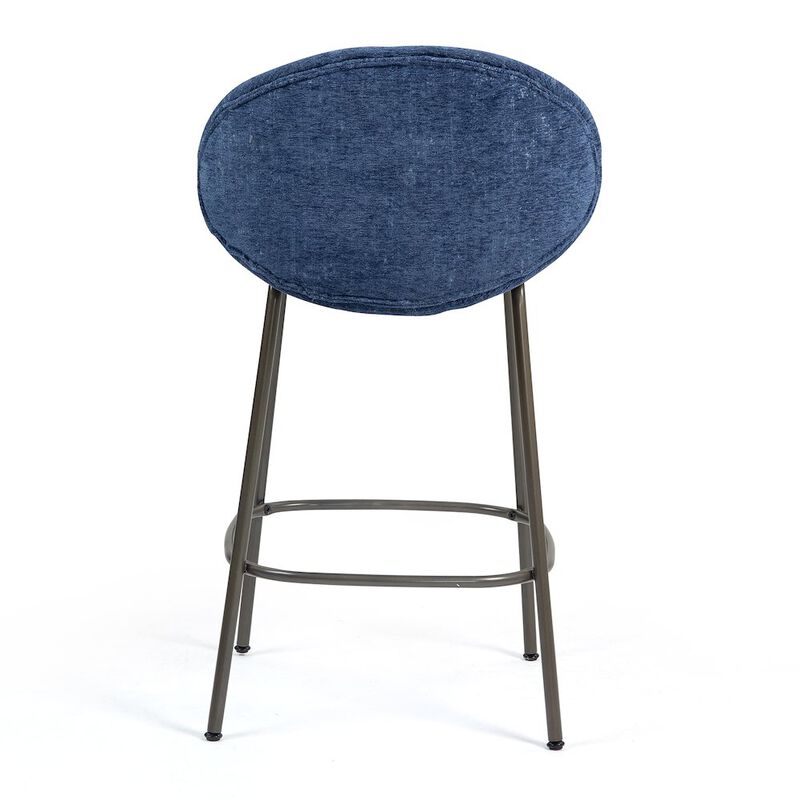 Glamour Home Set of 2 Benedetta Blue Linen Upholstered Fabric Counter Stool Black Iron Legs