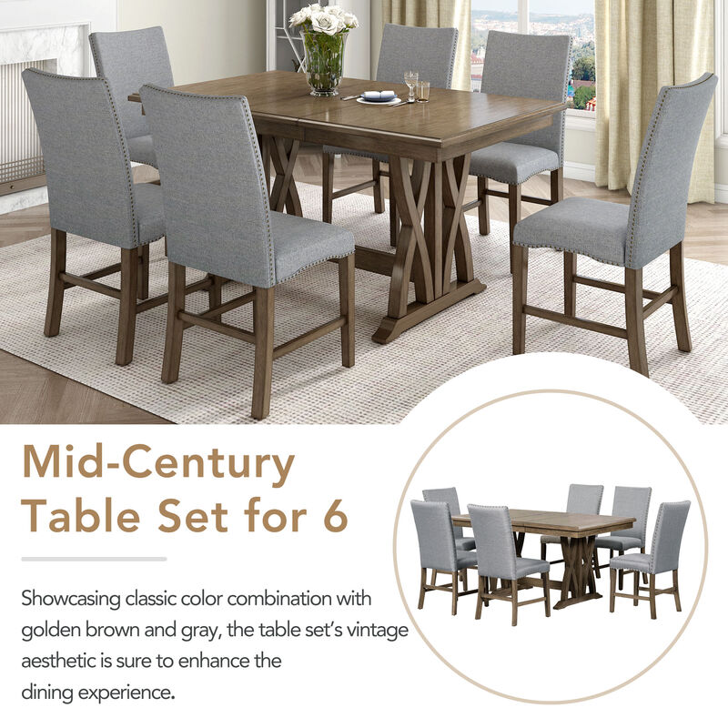 Merax Mid-Century Solid Wood 7-Piece Dining Table Set