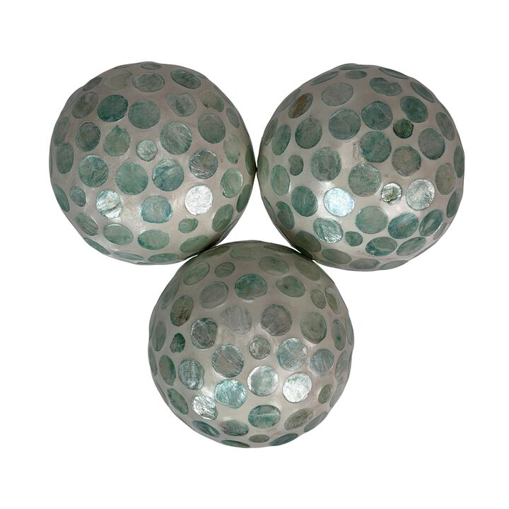 Decorative Balls Set Of 3 Aqua Capiz Shell 4 Inch Coastal Orbs Bowl Fillers