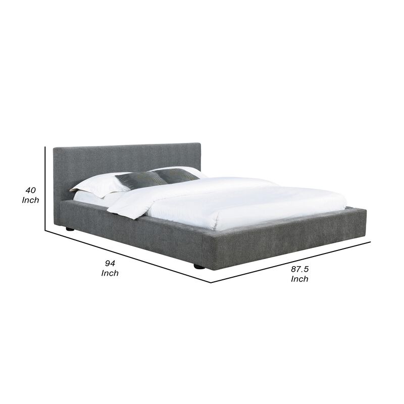 Jivi King Size Platform Bed, Low Profile, Padded, Gray Fabric Upholstered - Benzara