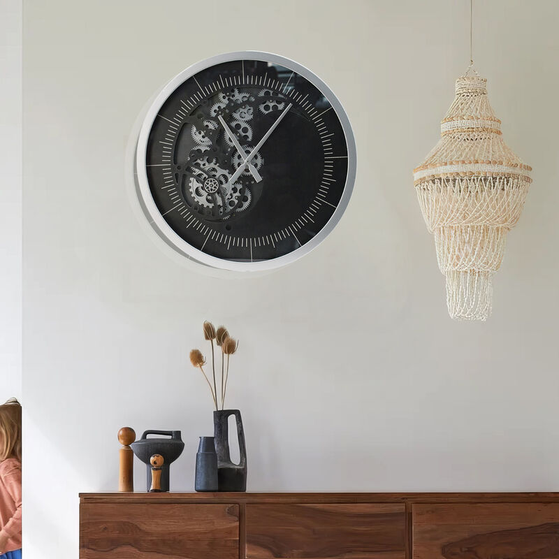 Reny 23 Inch Wall Clock, Decorative Gear Design, Round, Silver, Black Iron - Benzara