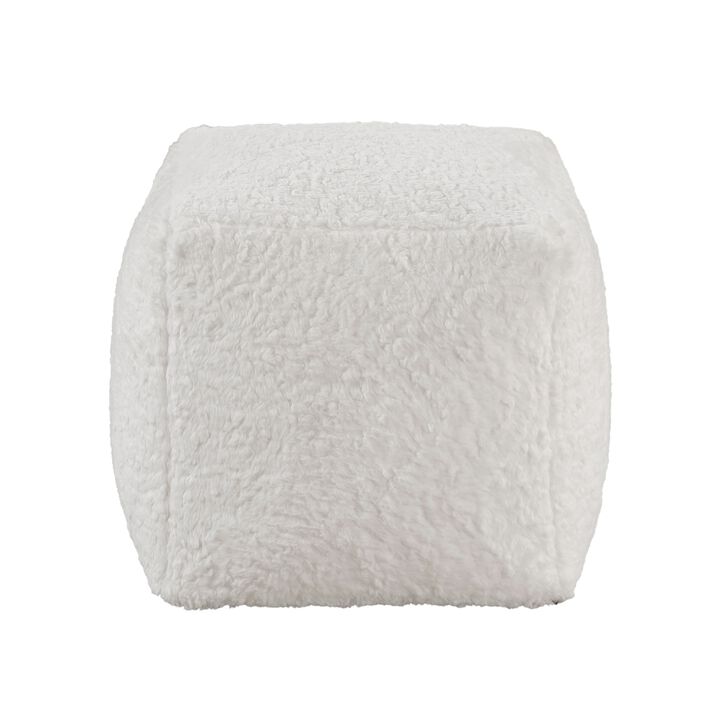 Modern Pouf Ottoman, Plush Off White Faux Fur Texture, 16 Inch Square