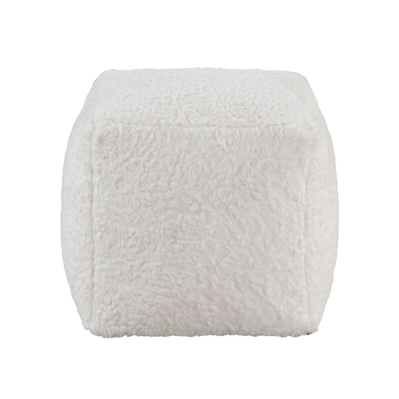 Modern Pouf Ottoman, Plush Off White Faux Fur Texture, 16 Inch Square