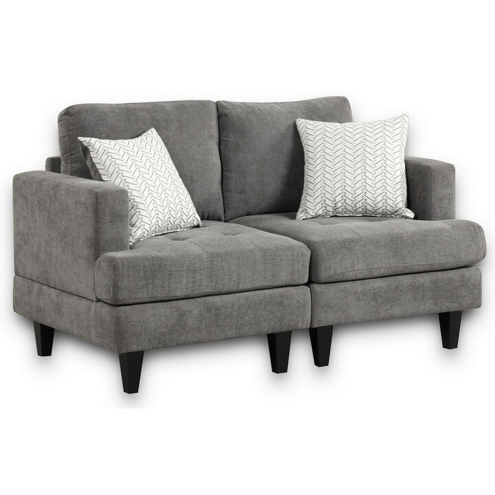Lae 57 Inch Loveseat with 2 Throw Pillows, Tufted, Gray Chenille Upholstery - Benzara