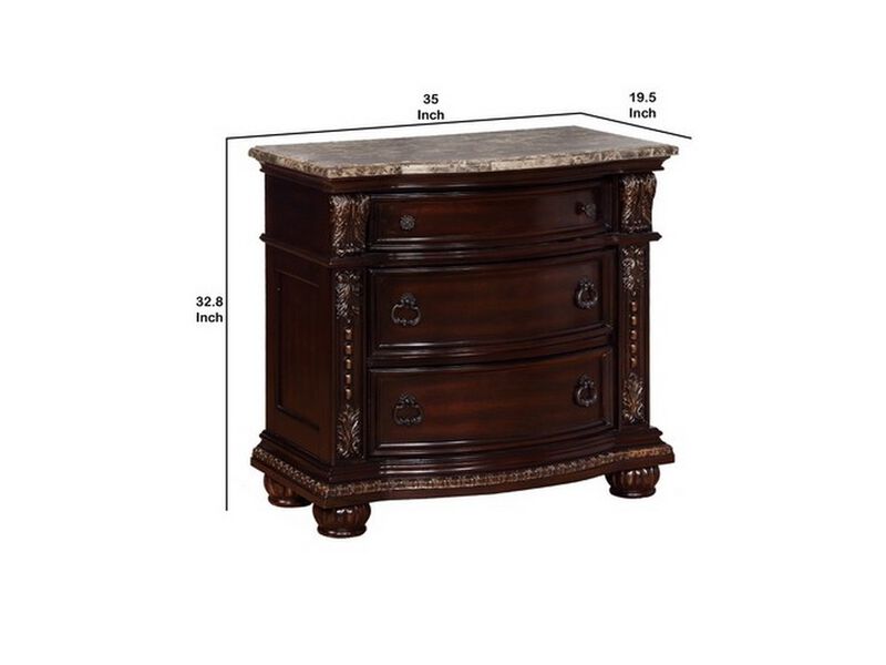 Sany Wooden Nightstand with Three Spacious Drawers and Bun Feet, Cherry Brown - Benzara
