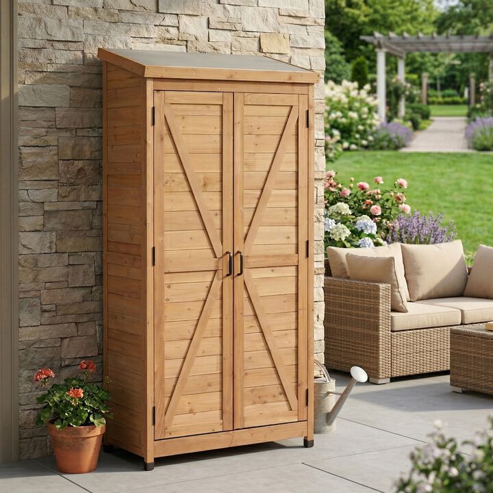 WOW PIONEER Spacious Tall Vertical Outdoor Wooden Storage Shed with Sloped Metal Top for Backyard Garden Patio Lawn Tool and Supply Organization