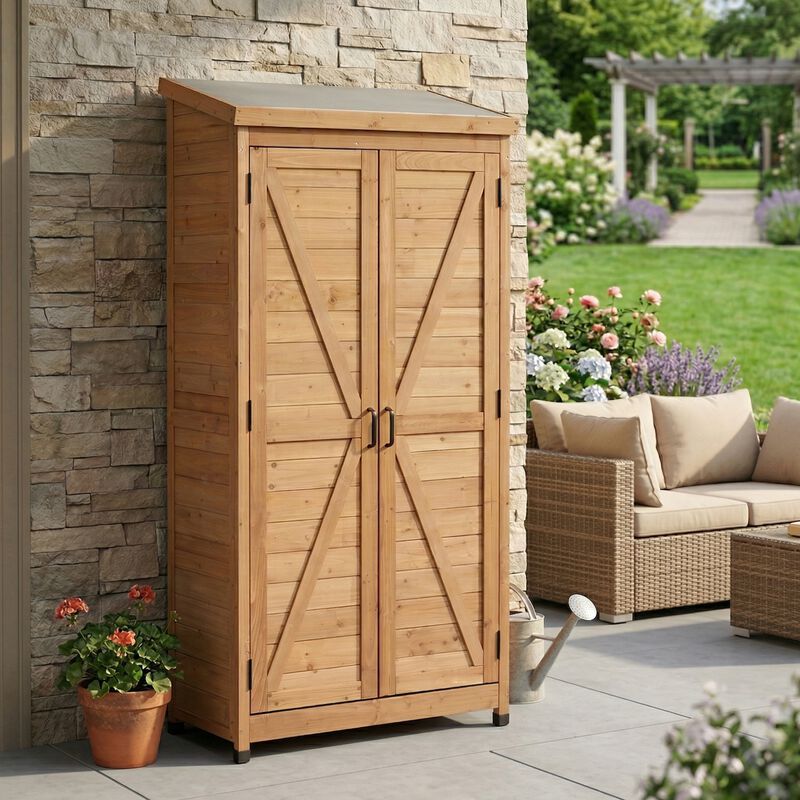 WOW PIONEER Spacious Tall Vertical Outdoor Wooden Storage Shed with Sloped Metal Top for Backyard Garden Patio Lawn Tool and Supply Organization image number 1