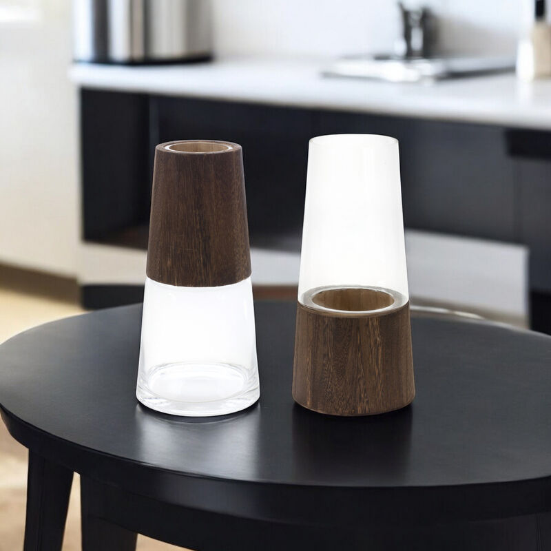 Glass and Wood Vase Set of 2 for Home Decor and Floral Arrangements