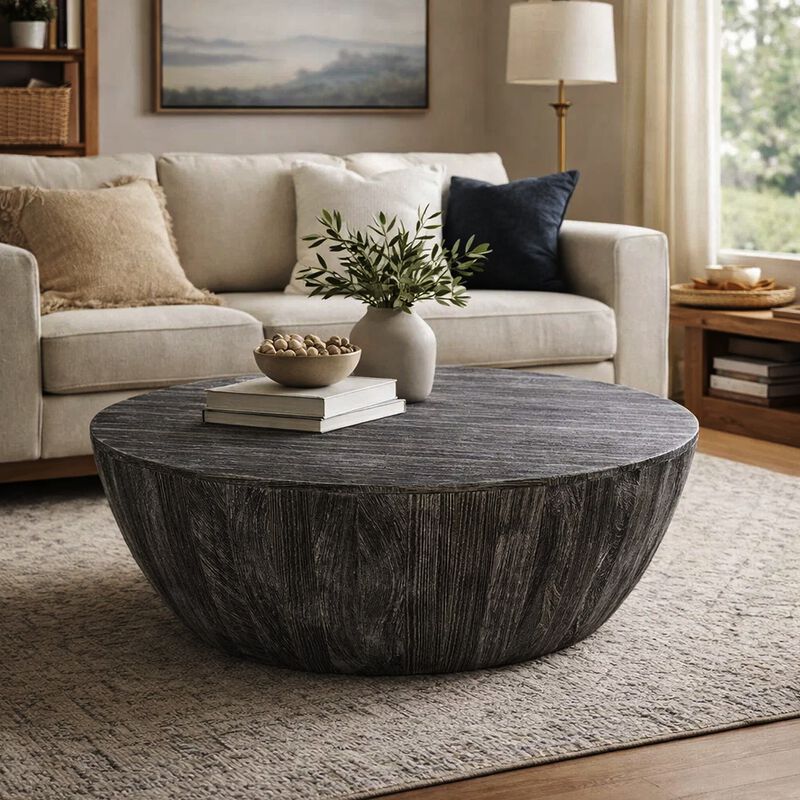 Arthur 36 Inch Farmhouse Style Handcrafted Mango Wood Coffee Table, Round Drum Shape, Sandblasted Black image number 1