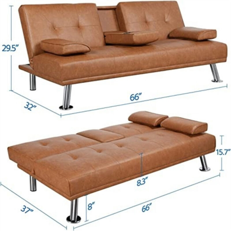 Modern Faux Leather Convertible Sofa Bed Futon with Cup Holders