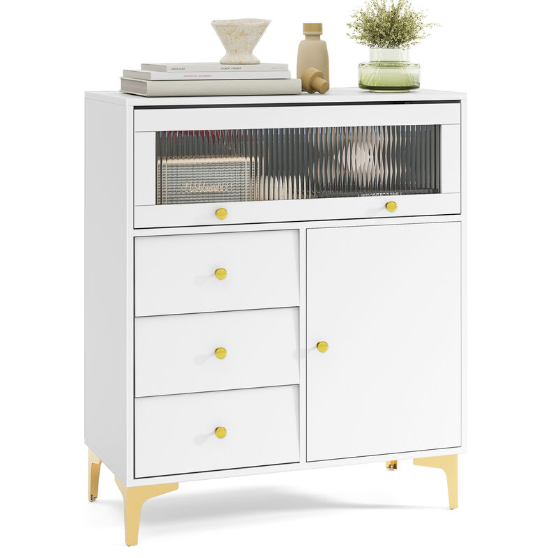 Fluted Glass Storage Chest with Flip-Up Door and Drawers – Modern Design