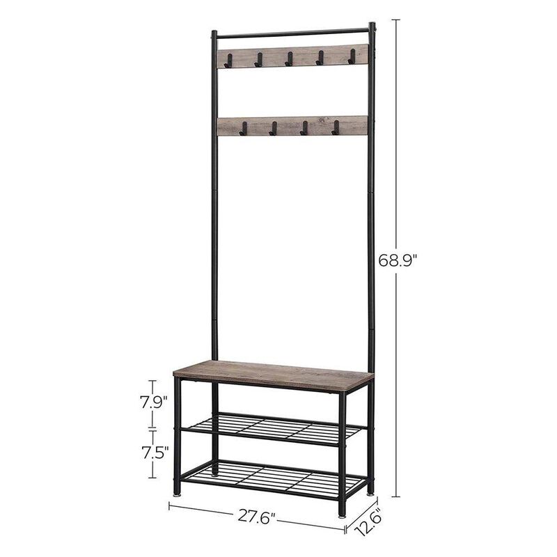 Modern Industrial Entryway Coat Rack with Shoe Bench and Two-Tier Storage Shelves