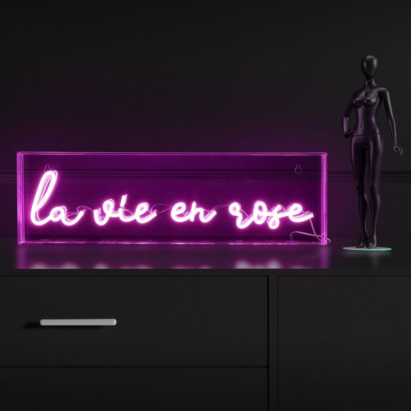 La Vie En Rose 20" X 6" Contemporary Glam Acrylic Box USB Operated LED Neon Light, Pink