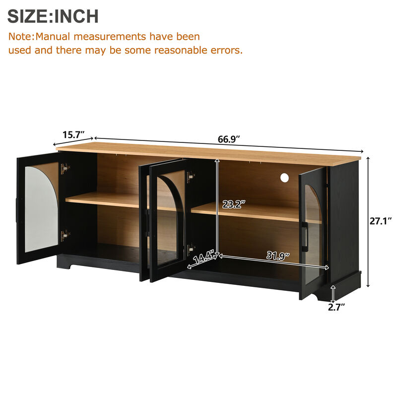 TATEUS Elegant Farmhouse Media Sideboard with Semi-Arched Glass Doors, 70" TV Stand Cable Management image number 6