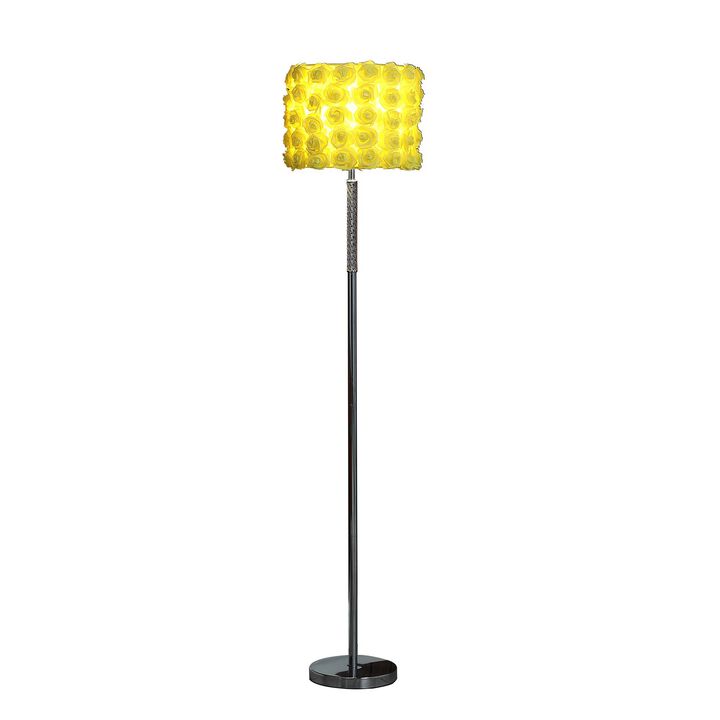 Finn 63 Inch Glamorous Floor Lamp, Rose Accent Shade, 100W, Yellow, Silver-Benzara