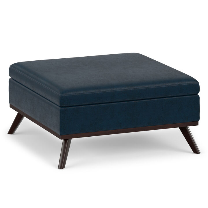 Owen 36 inch Wide Mid Century Modern Square Coffee Table Storage Ottoman in Distressed Dark Blue Vegan Faux Leather, Assembled
