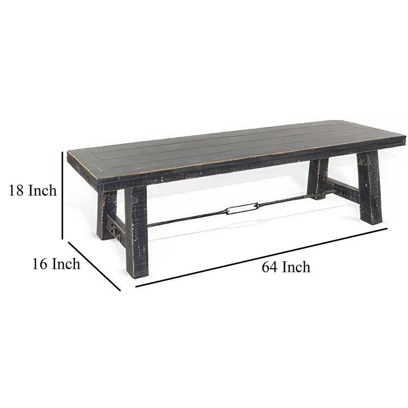 Rena Dining Bench, Turnbuckle Accent, 64 Inch Black Mahogany Wood - Benzara