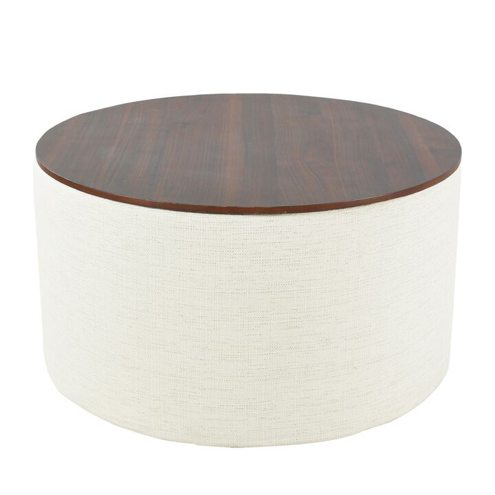 Mesy Storage Ottoman, 30 Inch Round Lift Tray Top, Ivory Woven Fabric