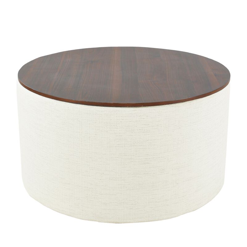 Mesy Storage Ottoman, 30 Inch Round Lift Tray Top, Ivory Woven Fabric