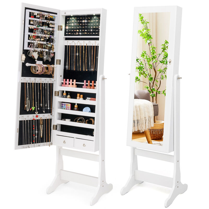 Lockable Freestanding Jewelry Cabinet Armoire with Mirror and LED Lights
