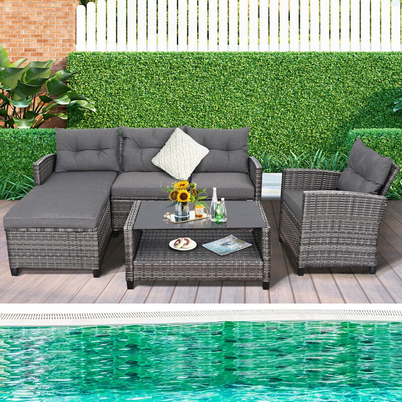 4 Pieces Patio Rattan Sofa Furniture Set with Cushion and 2-Tier Coffee Table image number 2
